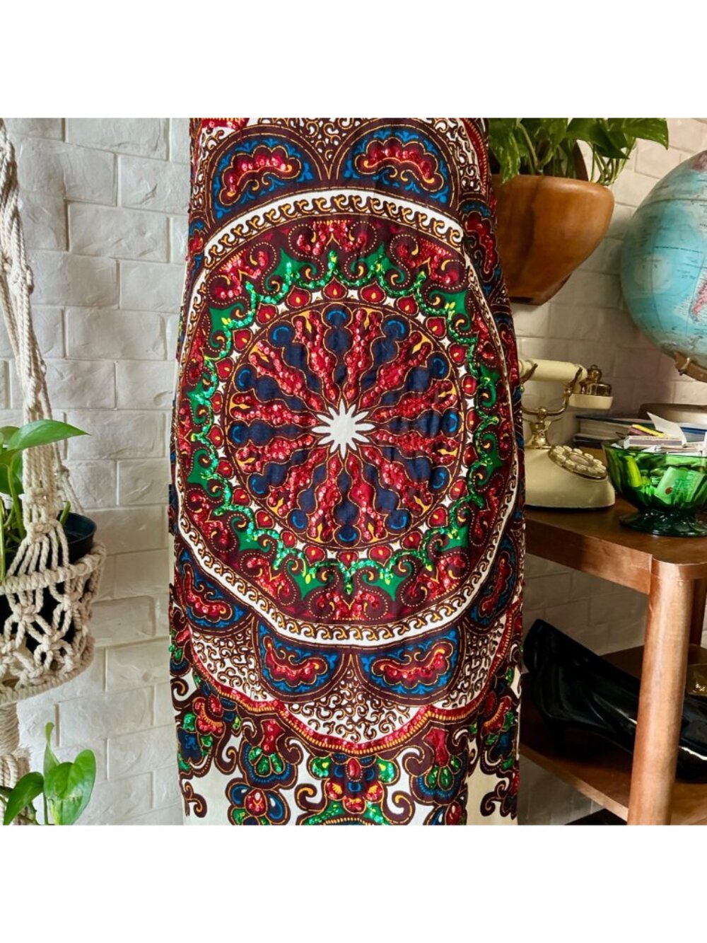 Vintage 70s Bou Boudina Maxi Dress Ornately Sequined Colorful Dashiki Medallion - Picture 5 of 14